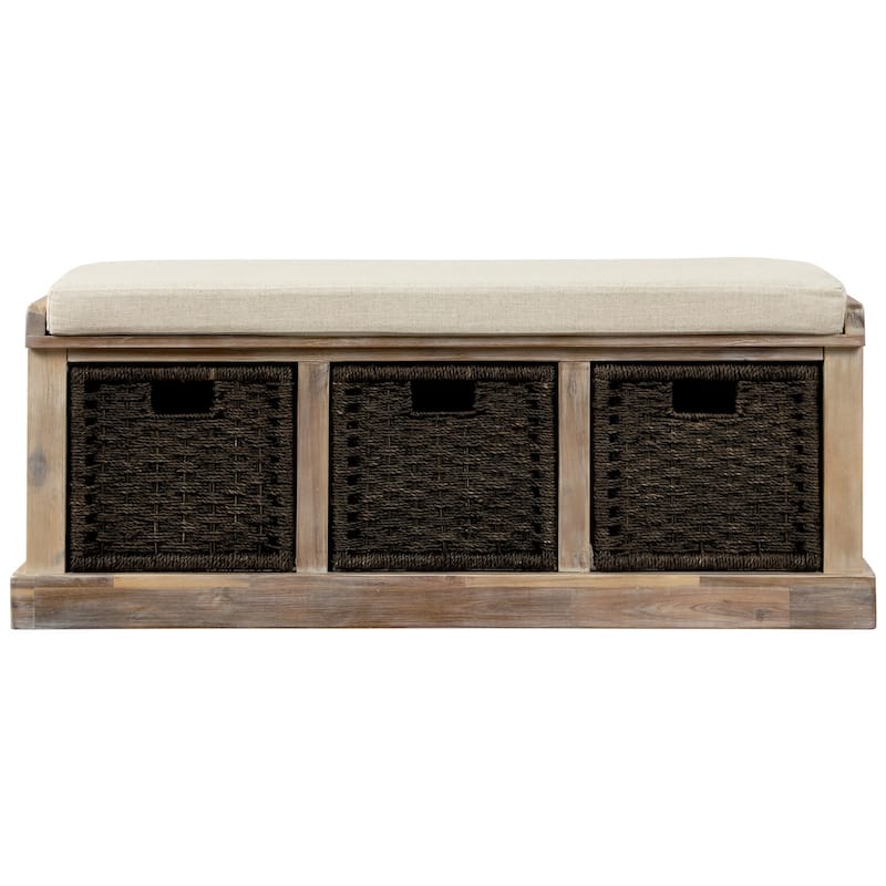 Rustic Storage Bench with 3 Removable Rattan Baskets and Cushion, Entryway Bench with MDF Frame, No Assembly Required