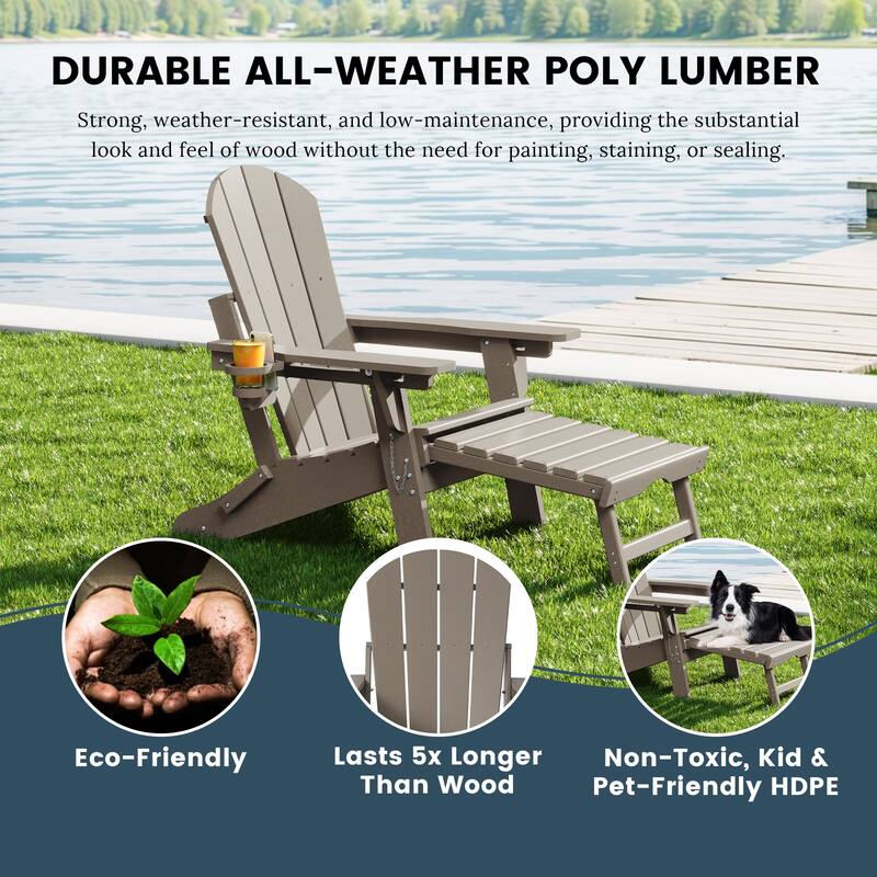 Laguna Outdoor Folding Adjustable Adirondack Chair with Cup Holder & Hideaway Ottoman