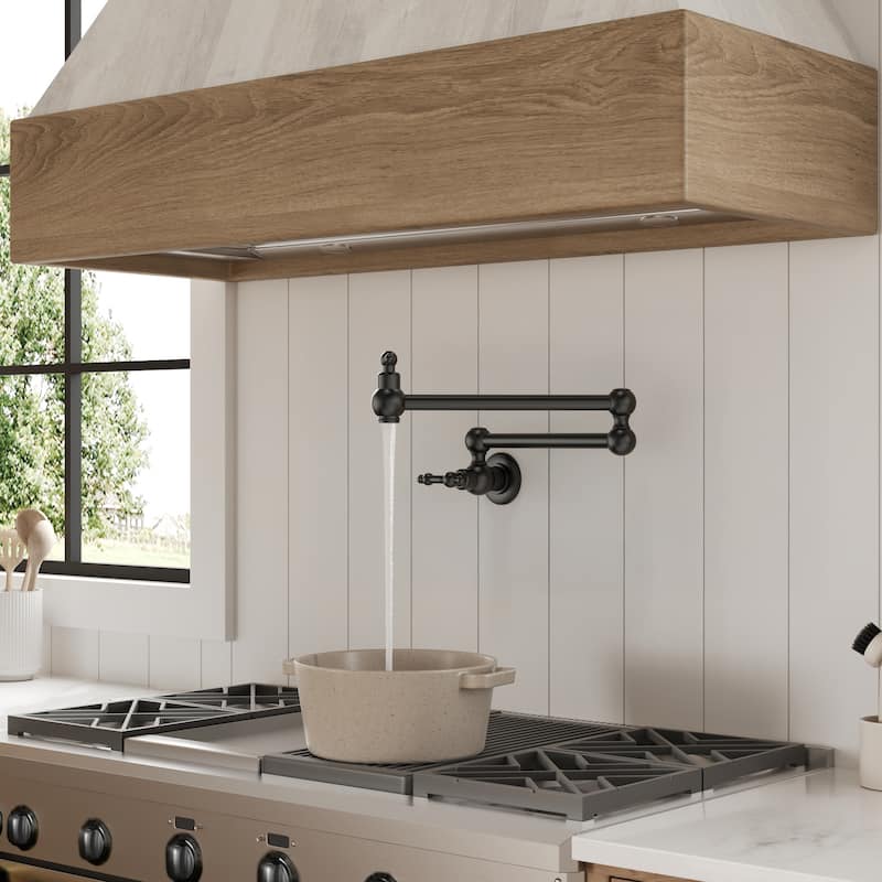 Wall Mount Swing Arm Kitchen Faucet, Traditional Folding Pot Filler Faucet Over Stove