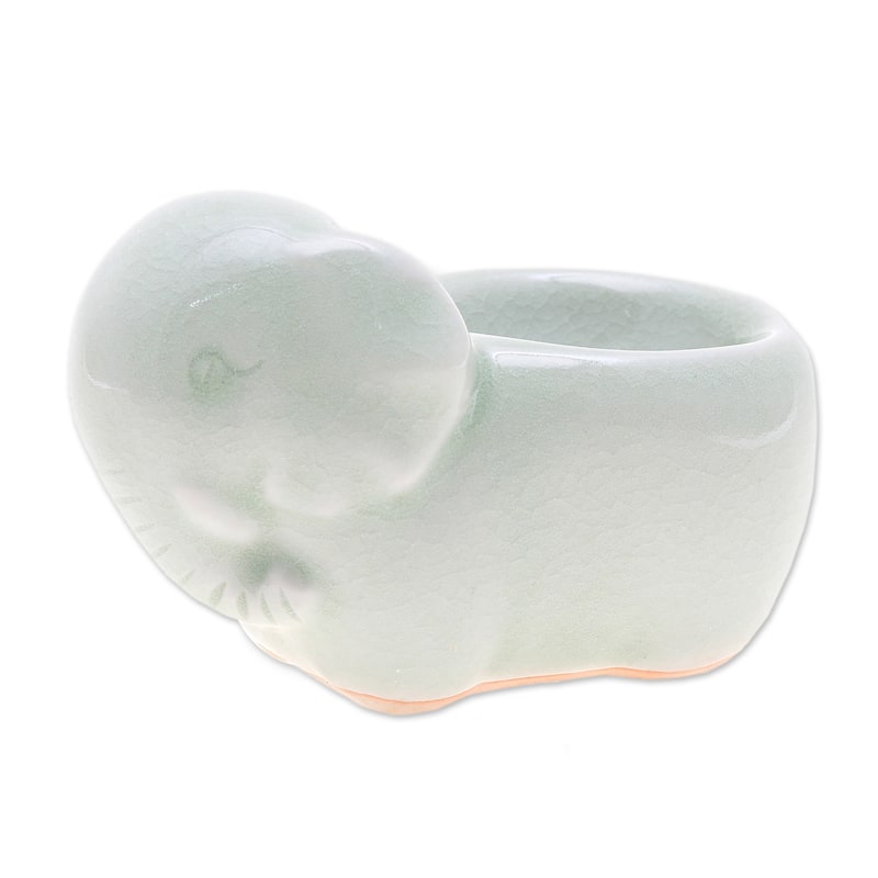 Novica Handmade Breakfast With Elephants Celadon Ceramic Egg Cup