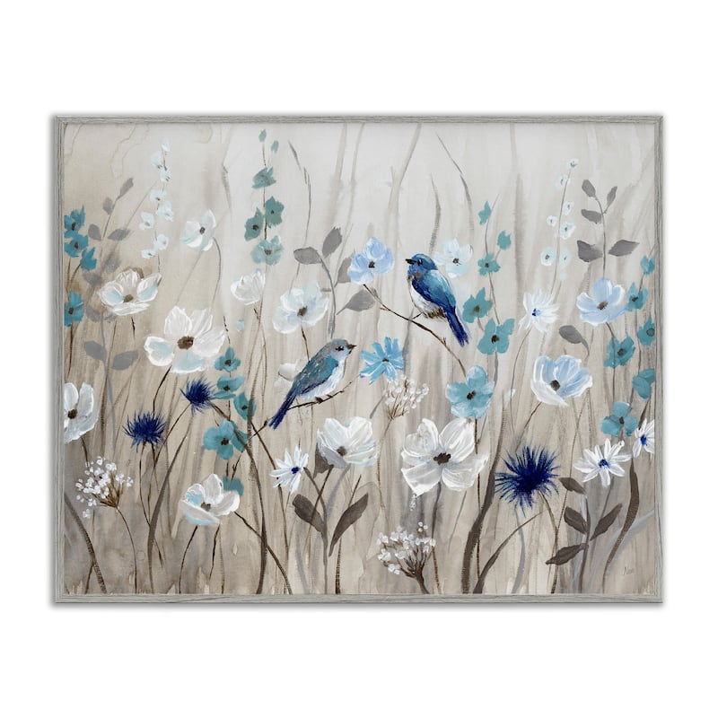 Stupell Birds Floral Meadow Blue White Blossoms Framed Wall Art - 30 x 24 - Grey