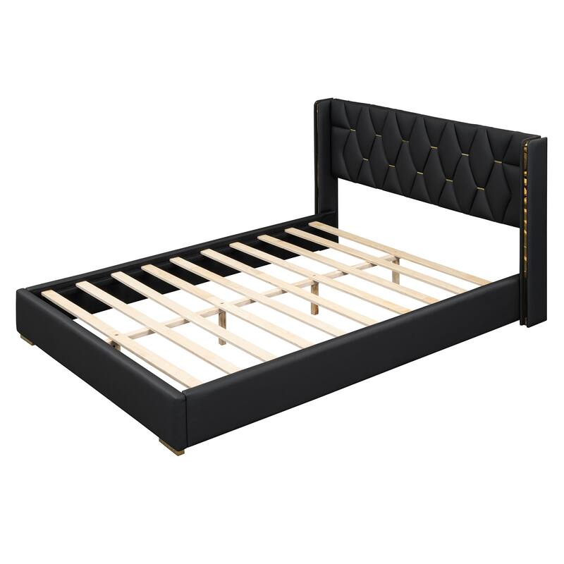 Modern PU Upholstered Platform Bed with Metal Strips