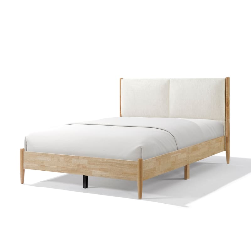 Roomfitters Queen Platform Bed Frame with White Upholstered Headboard, Mid-Century Modern Solid Wood Mattress Base, Natural