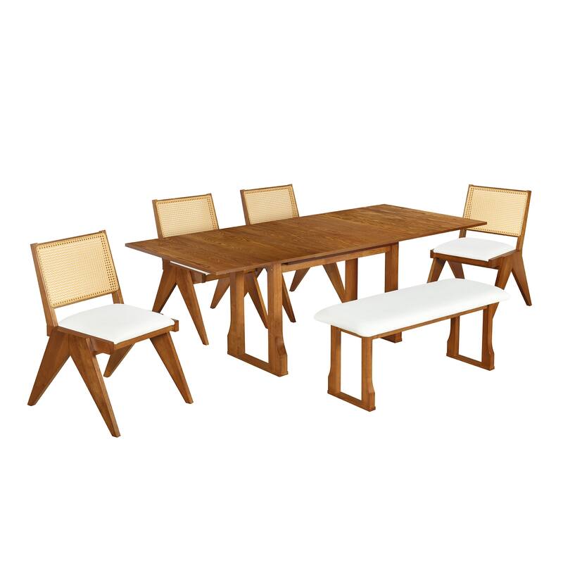 Roomfitters Modern 6-Piece 82.7" Extendable Dining Table Set with Wicker Back Chairs and Bench