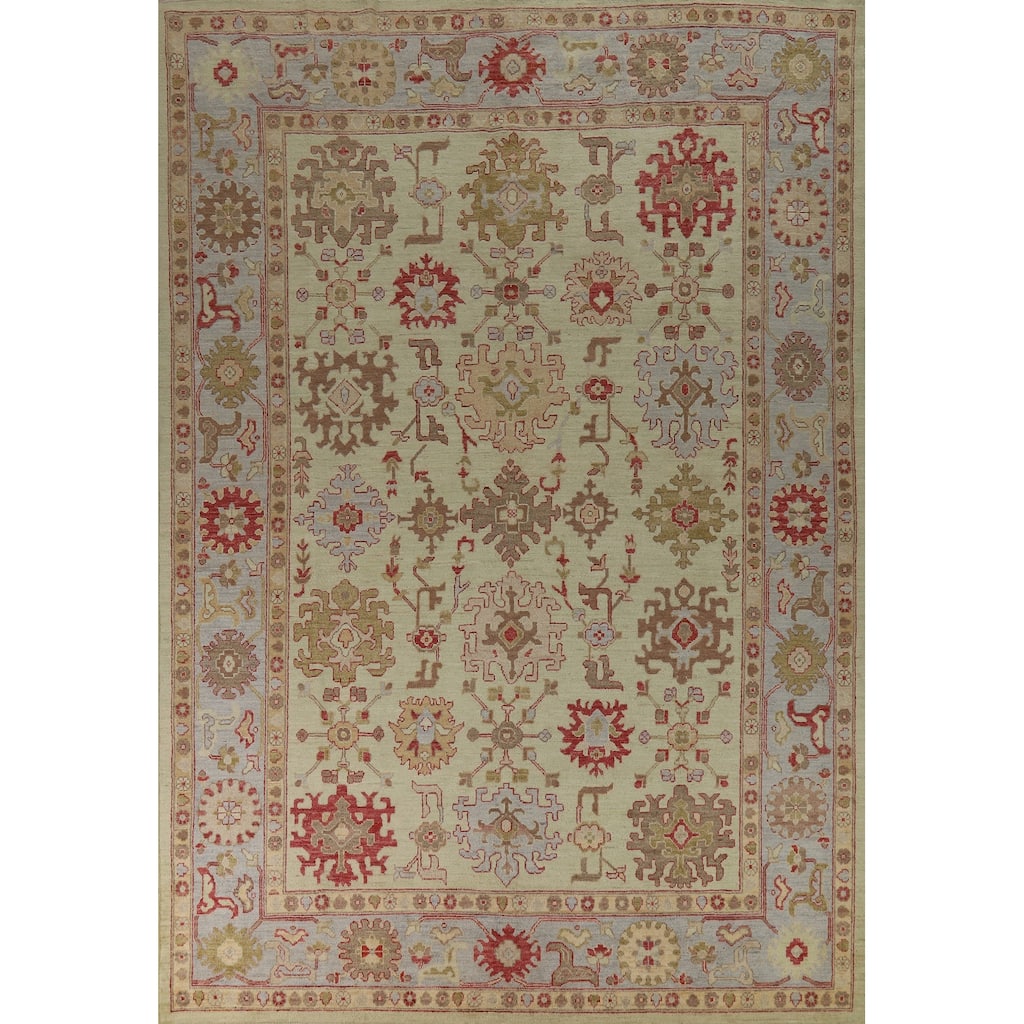 Hand Knotted Oriental 100% Wool Carpet Transitional All-Over Green Oushak Area Rug - 12' 4'' X 9' 2''