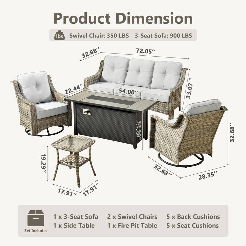 HOOOWOOO 5-piece Rattan Outdoor Patio High Back Swivel Chair Set with 54"Fire Pit