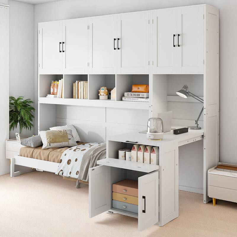 Space-Saving Twin Murphy Bed with Desk, Wardrobe, and Drawers, Fold Up Wall Bed for Small Rooms