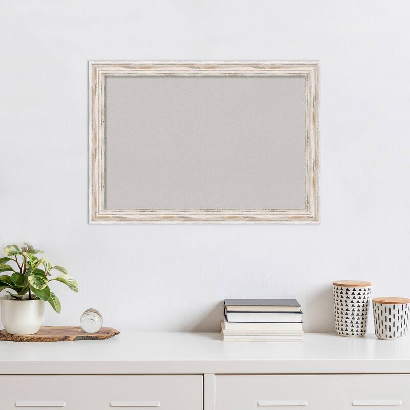 Alexandria White Wash Narrow Wood Framed Grey Corkboard Bulletin Board, Organization Board, Pin Board