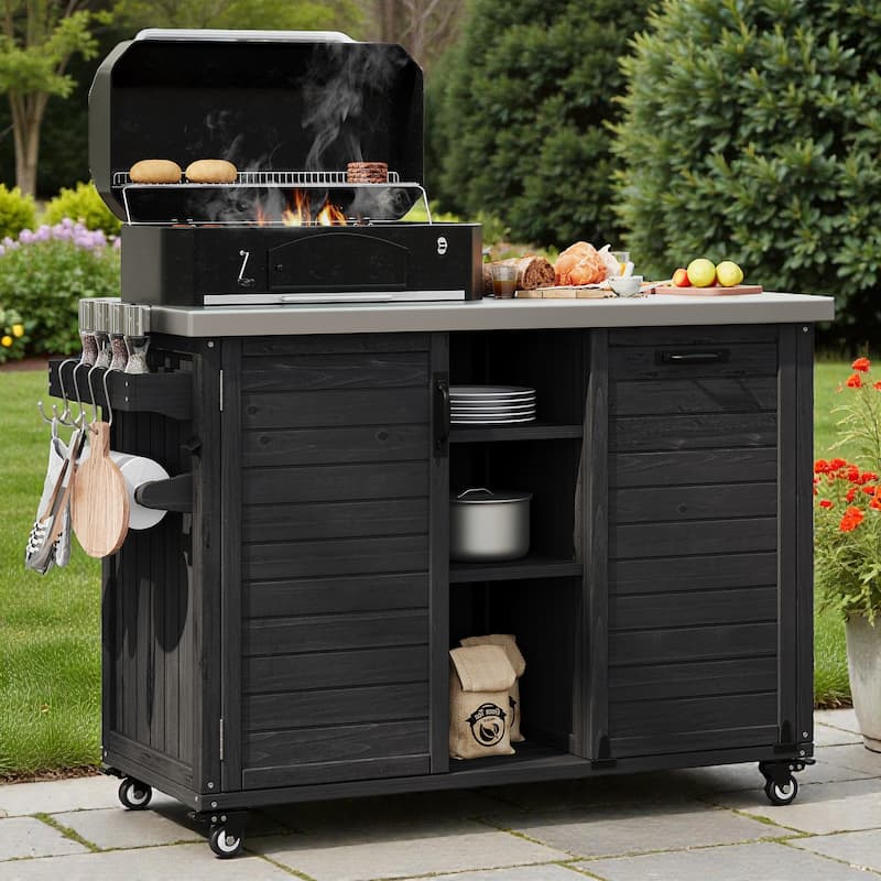 78.3" Outdoor Kitchen Island with Foldable Grill Table, Solid Wood BBQ Cart with Trash Storage & Stainless Steel Top - Black