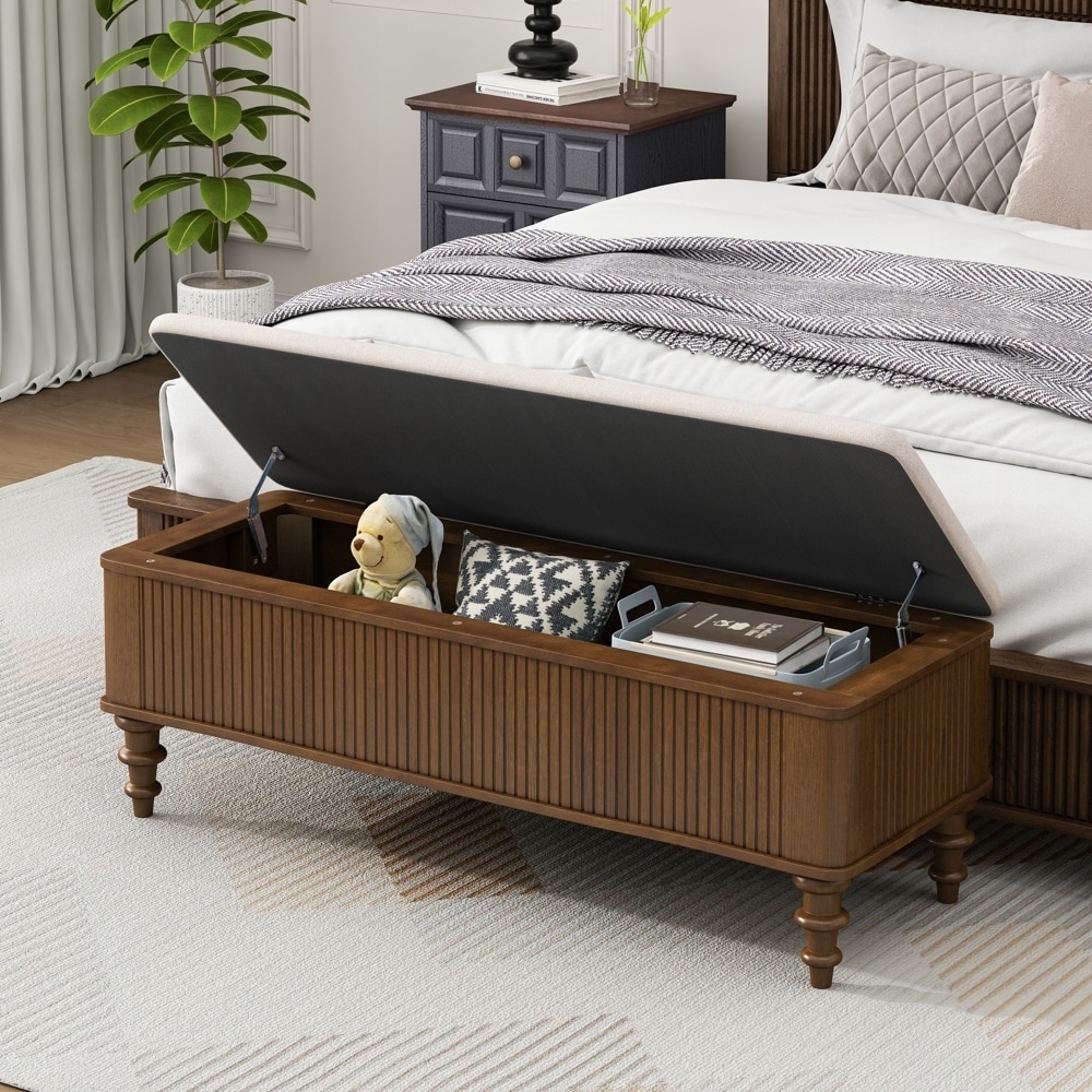 Storage Ottoman Bench-Solid Rubberwood Bed End Bench with Linen Seat