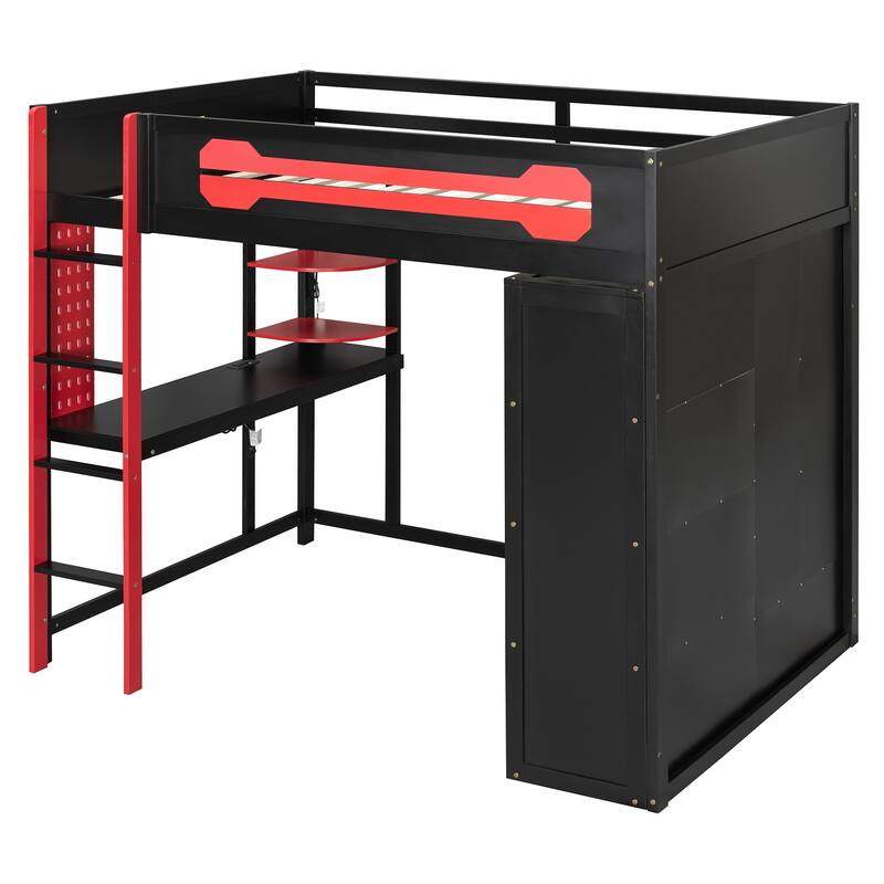 Roomfitters Full Gaming Loft Bed with Desk, Open Wardrobe, RGB LED and USB Ports, Space Saving Sleeper