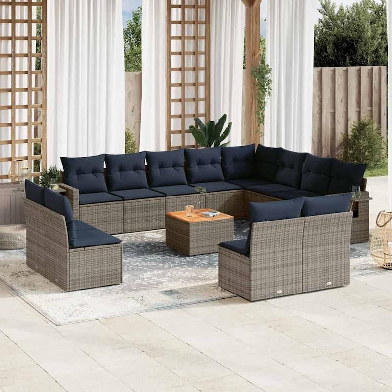vidaXL 13 Piece Patio Sofa Set with Cushions Black Poly Rattan - 24.4" x 24.4" x 27.2" - Grey and blue