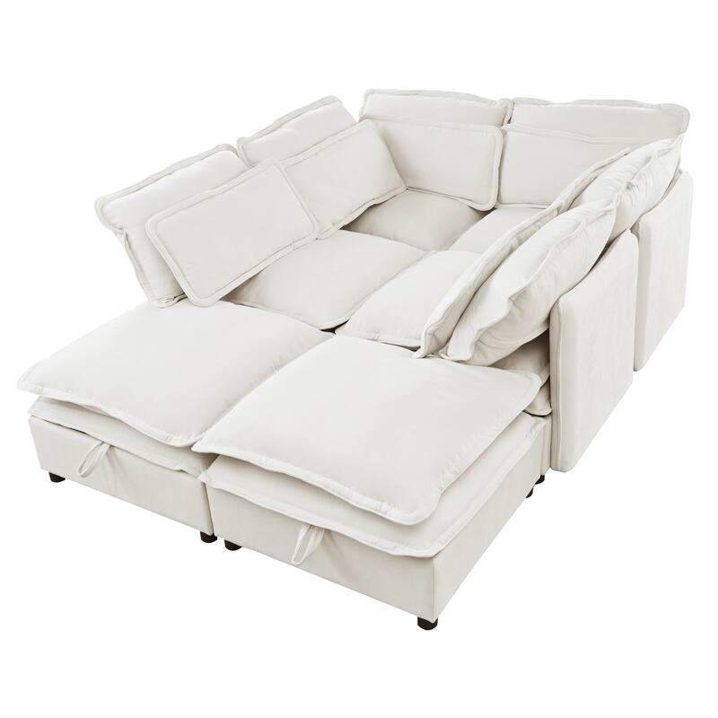 Double-Layer Cushion Modular Sofa with Storage Seat, 6-Seater Sectional Sofa for Livingroom Polyester Convertible Sofa Bed