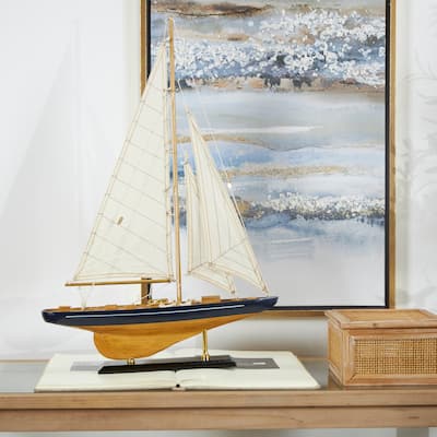Brown Wood Sail Boat Decorative Sculpture with Beige and Navy Accents and Lifelike Rigging