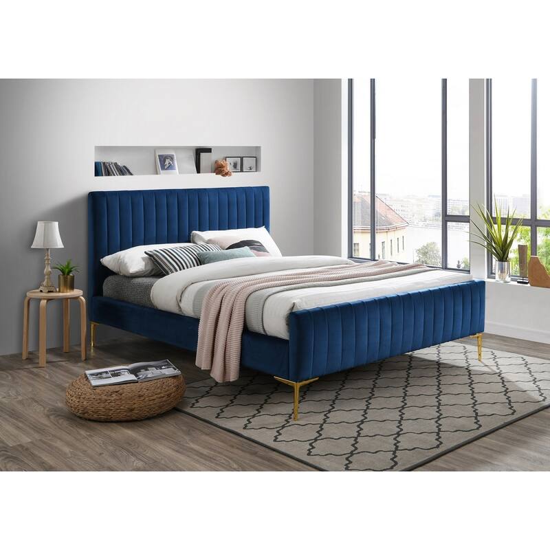 Omax Decor Julia Upholstered Platform Bed with Channel Tufted Headboard and Gold Legs