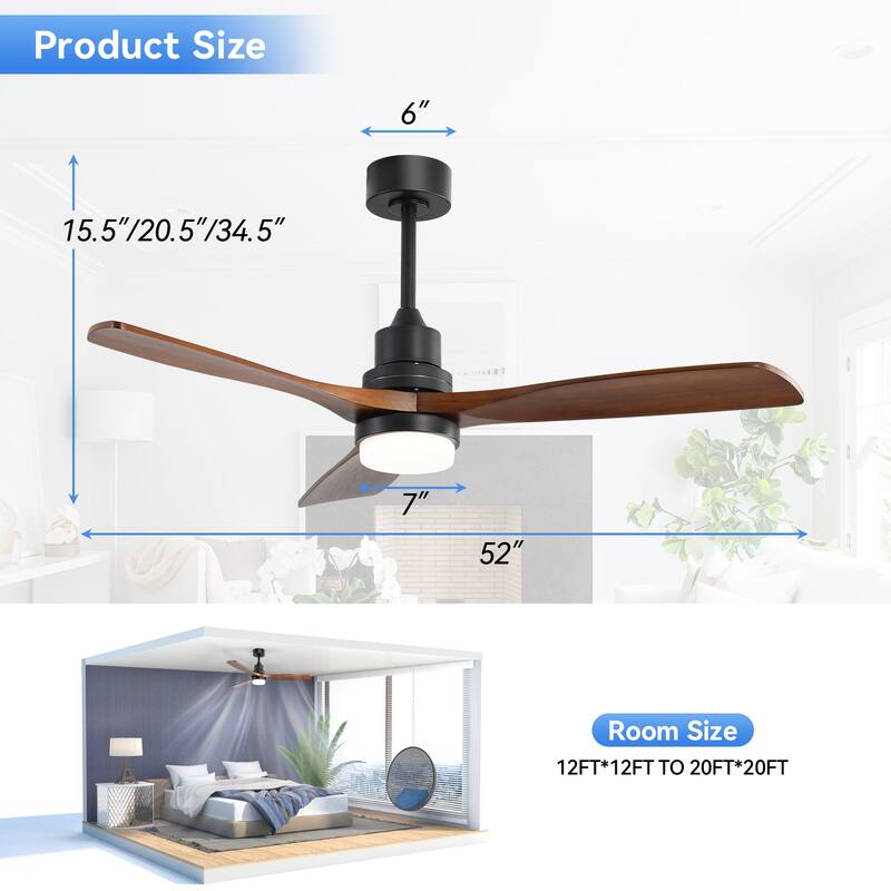 52" Solid Wood Noiseless 3-Blade Ceiling Fans with Dimmable LED Light Optional and Remote, 6-Speed Reversible DC Motor