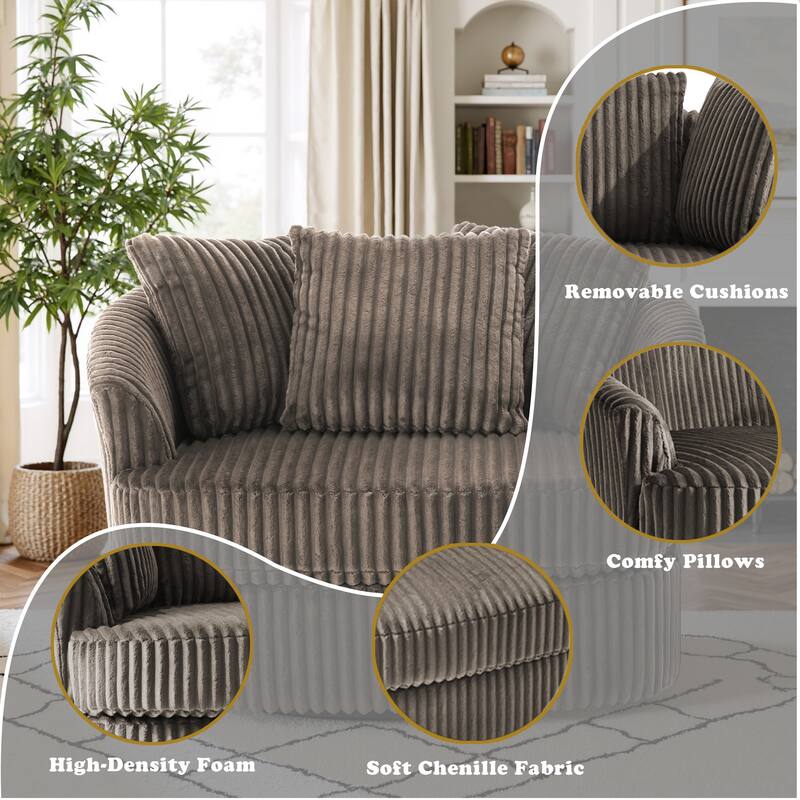 Oversized 43" W Plush Corduroy Swivel Barrel Chair with Pillows