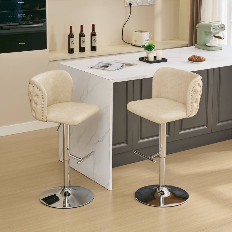 Swivel Barstools Adjusatble Seat Height With Chrome Base,Modern PU Upholstered Bar Stools with the whole Back Tufted,Set of 2 - Beige