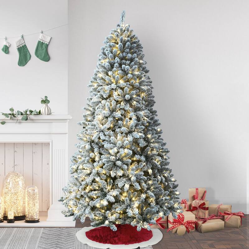 Fraser Hill Farm 7.5-Ft. Flocked Winter Snow Pine Christmas Tree with Warm White LED Lighting