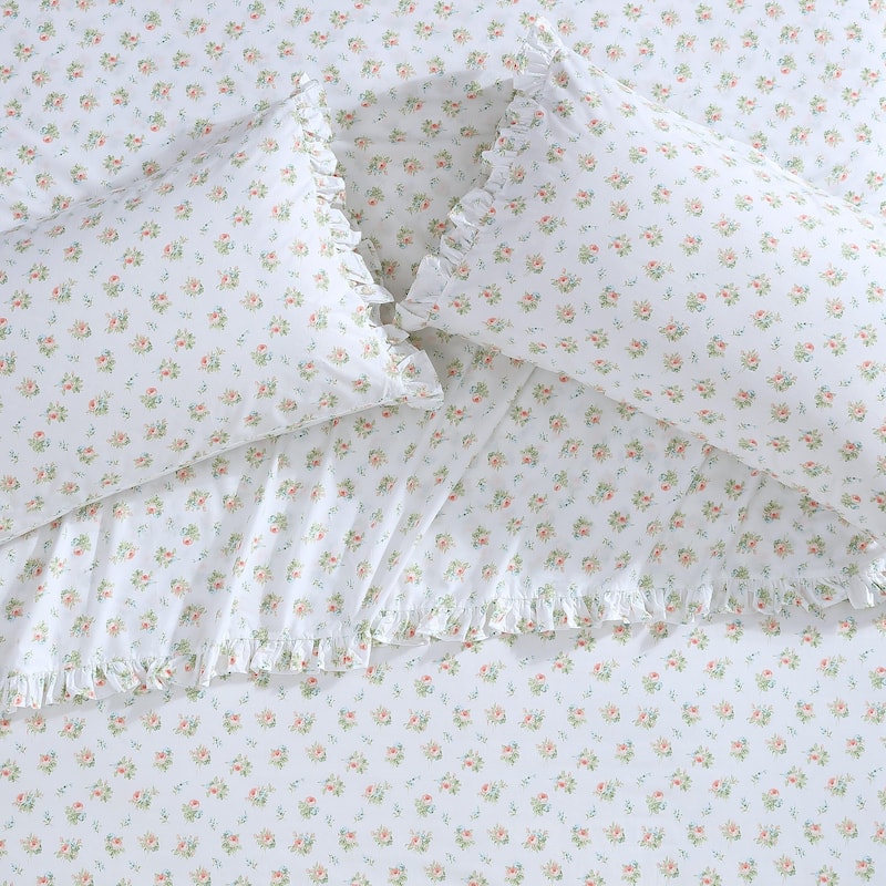 Laura Ashley Floral Ruffled Hem Cotton Sheet and Pillowcase Sets - Roseford Orange - Standard Pillowcases