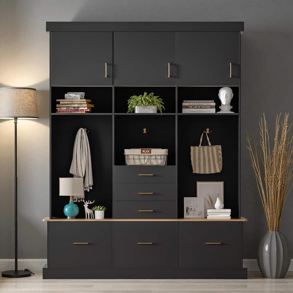 75" Entryway Hall Tree with Bench, Coat Rack, 6 Drawers, 3 Cabinets and Top Shelves, 5-in-1 Storage Organizer for Hallway