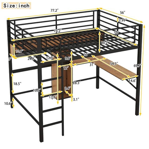 Full Size Metal & Wood Loft Bed with L-Shaped Desk and Shelves, Black and Brown
