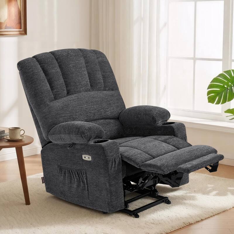 Power Lift Recliner Chair for Elderly, Massage and Heat, Faux Leather & Fabric - Fabric-Dark Grey