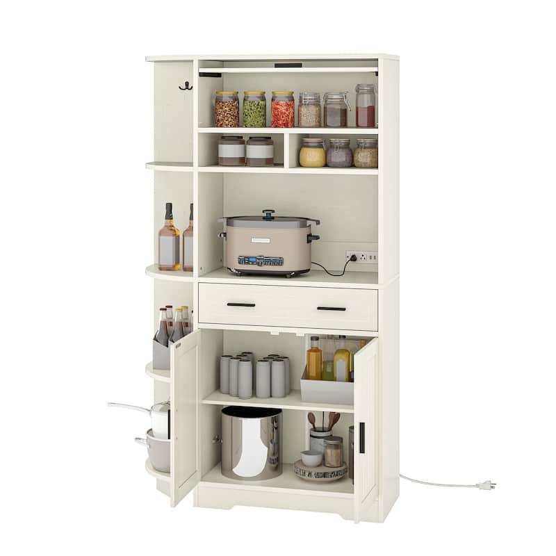 67" Kitchen Pantry Cabinets with Microwave Stand & Charging Station - White