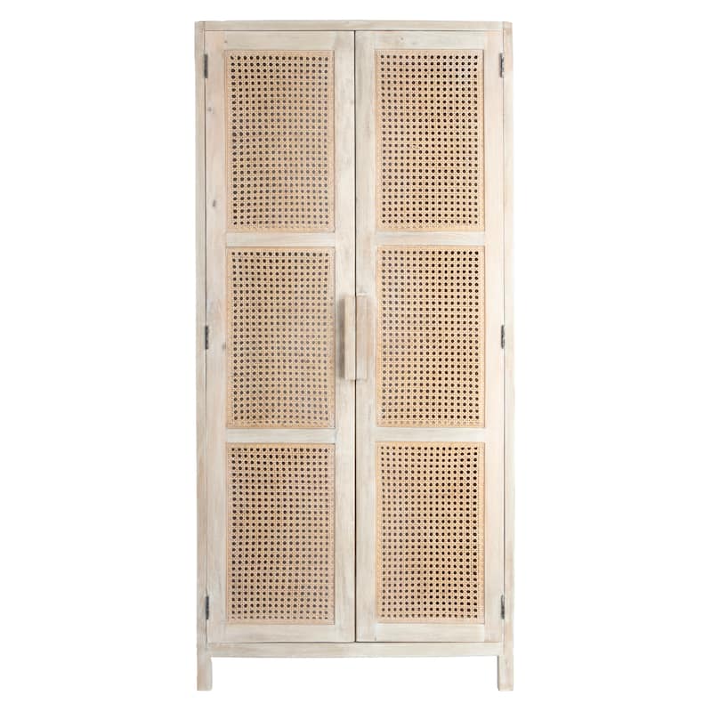 Mango Wood and Cane Curio Cabinet with 3 Shelves and 2 Doors