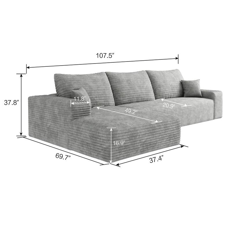 107" Cloud Chaise Sectional Sofa, Ergonomic Seat Tool-Free Assembly