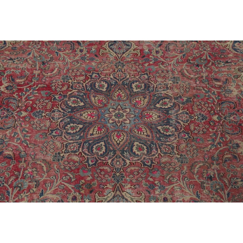 Distressed Mashad Persian Antique Area Rug Hand-Knotted Wool Carpet - 9'5" x 12'5"