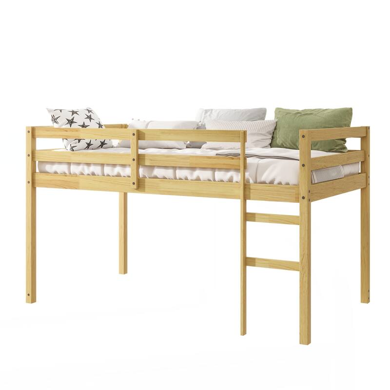 Solid Wooden, Rubber Wooden Twin Loft Bed with Ladder, Bed Platform of Strengthened Slats