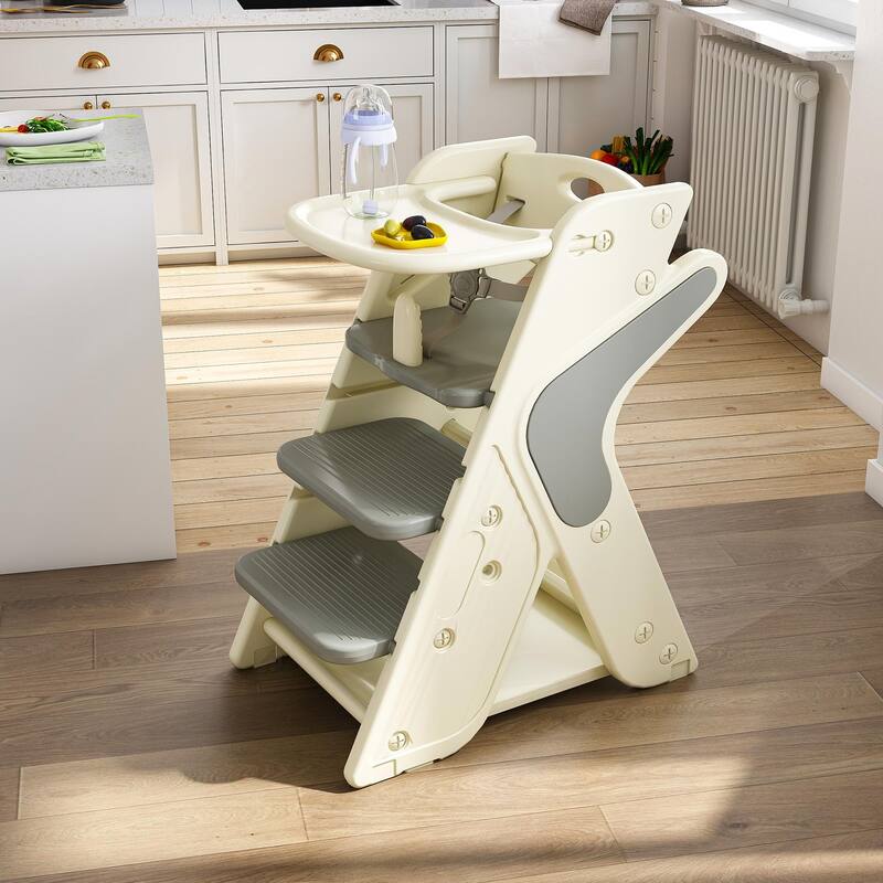 Multi Functional Growing Up Dining Chair,Adjustable Height Toddler Tower,Five-Point Seat Belts And A Movable Large Dinner Plate - Grey+White