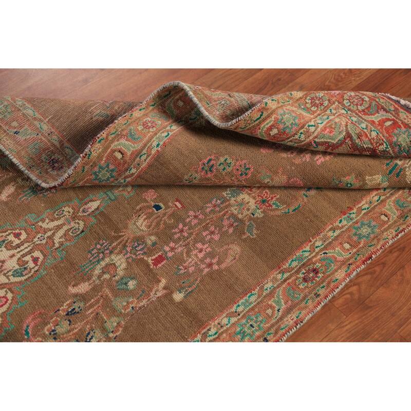 Brown Floral Mahal Persian Runner Rug Handmade Wool Carpet - 3'4"x 10'11"