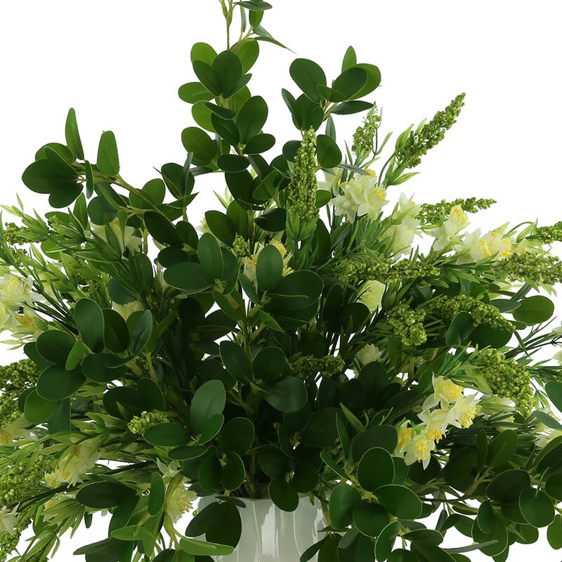 Budding Hydrangeas and Boxwoods Arranged in a Ceramic Vase