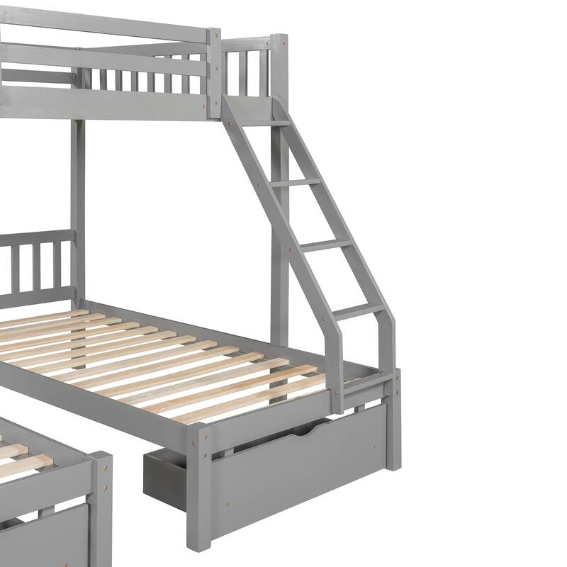 Detachable Triple Bunk Bed Convertible 3 Platform Beds, Wood Full Over Twin & Twin Bunk Bed Frame with Drawers and Guardrails