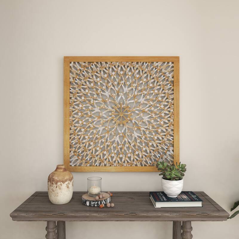 Light Brown Wood Handmade Intricately Carved Floral Home Wall Decor with Mandala Design