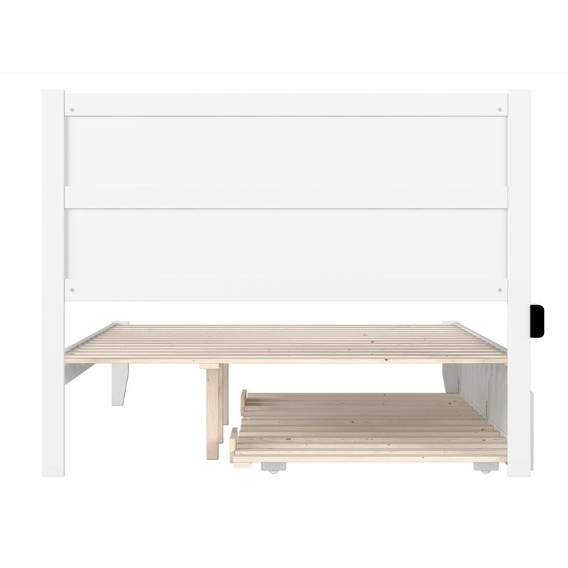 Twin XL Trundle Bed with Charging Station - HomeStock Platform Bed Frame - White Finish
