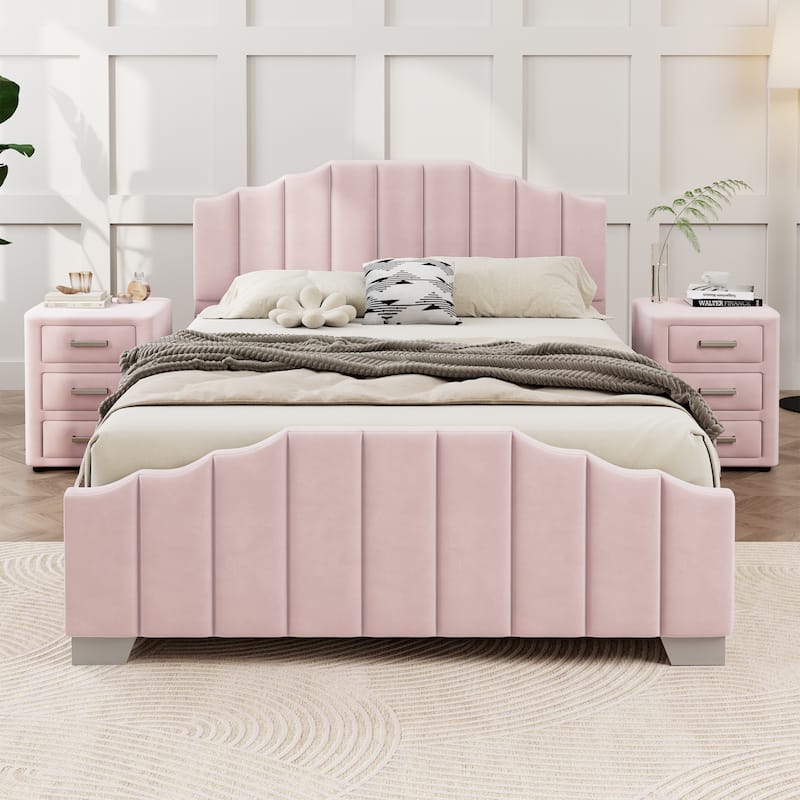 Queen Size Velvet Upholstered Bed with Channel Tufted Headboard & Solid Wood Frame (No Box Spring Needed)