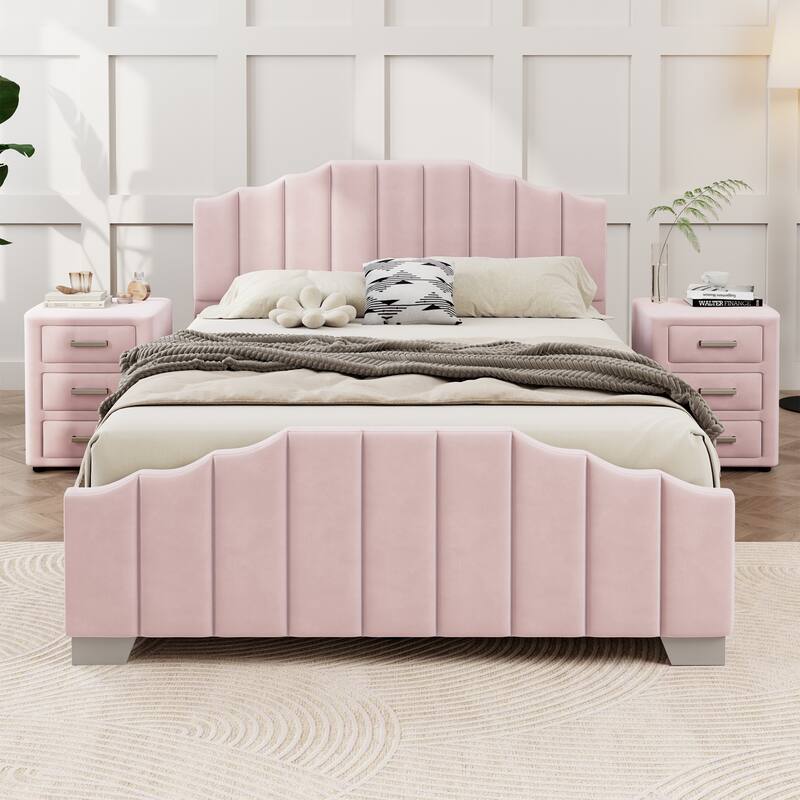 Velvet Upholstered Platform Bed Frame Vertical Channel Wingback Bed Tufted Headboard Footboard, Low Profile Panel Bed - Pink with 2 Drawers - Queen