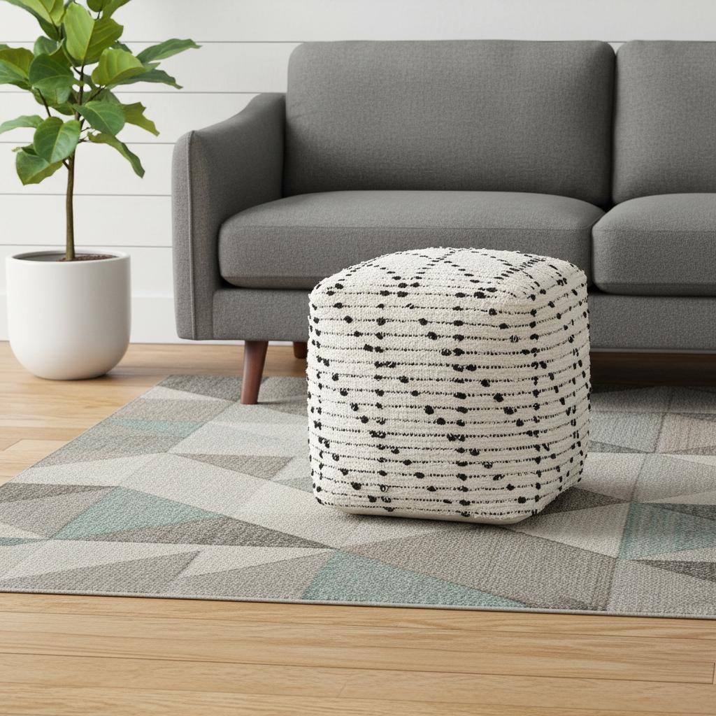 HomeRoots 16" Cream And Black Cotton Geometric Cube Pouf Ottoman