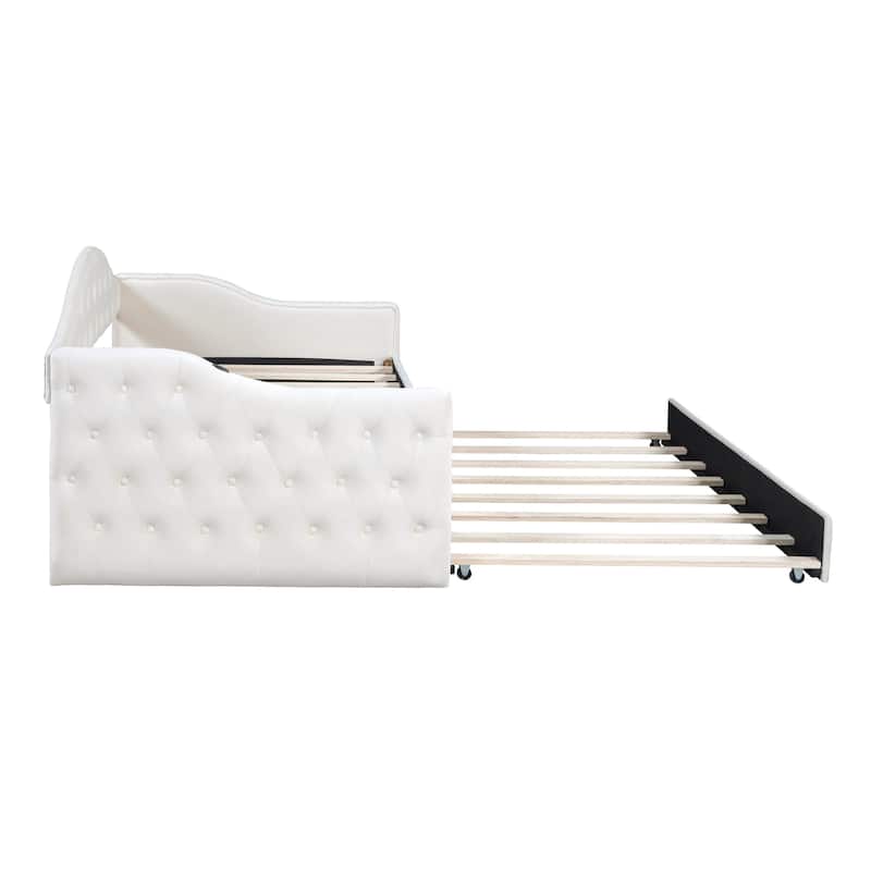 Beige Twin Wood Daybed with Multi-Storage Shelves and Charging Station