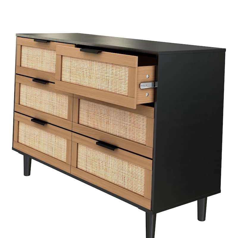 6 Drawer Rattan Bedroom Dresser, Wooden Wide Dresser, Clothes Storage Cabinet with Solid Wood Legs and Rattan Drawer