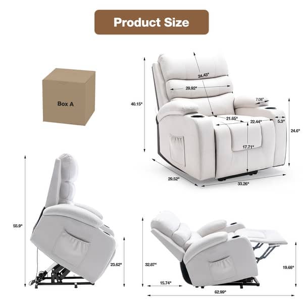 dimension image slide 2 of 7, Oversized Power Lift Recliner Chair with Massage & Heat, PU Leather, USB Port, Cup Holders & Pockets