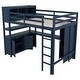 preview thumbnail 3 of 9, Full Size Dark Blue Loft Bed with Wardrobe, L-Shaped Desk, Cabinet, Bookshelf, and Safety Rails