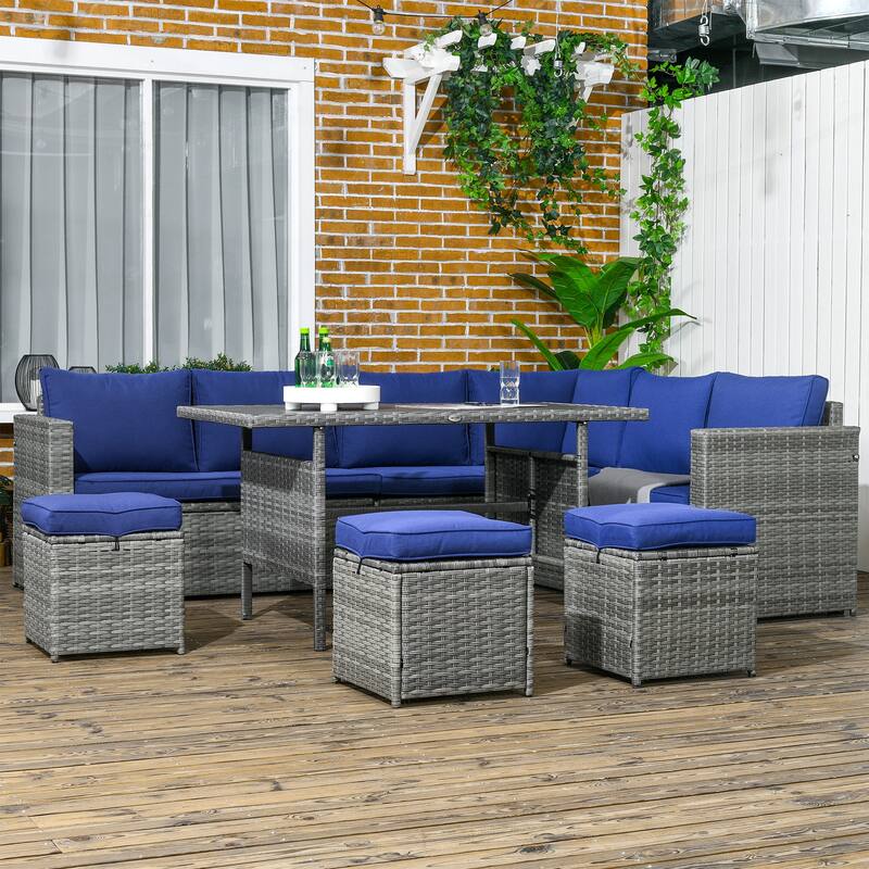 Outsunny 7 PCs Patio Wicker Furniture Set, Outdoor Sectional Furniture Conversation Sofa Set with Wood Grain Plastic Top Table - Dark Blue