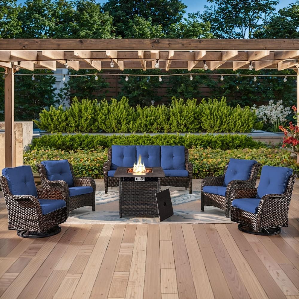 Gymojoy 6-Piece Outdoor Wicker Patio Furniture with Fire Pit Table, Rattan Coversation Set with Water Resistant Thick Cushions