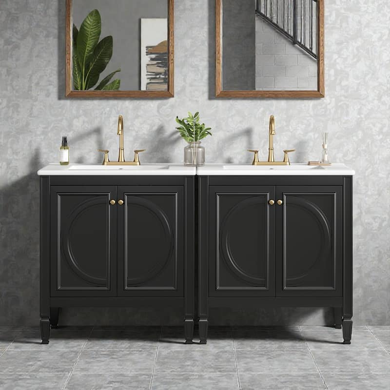 60" Double Sink Bathroom Vanity Set with Ceramic Tops, Soft-Close Doors, Storage Shelves & Drawer, Solid Wood Frame - Black