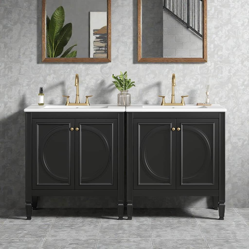 60" Double Sink Bathroom Vanity Set with Ceramic Tops, Soft-Close Doors, Storage Shelves & Drawer, Solid Wood Frame