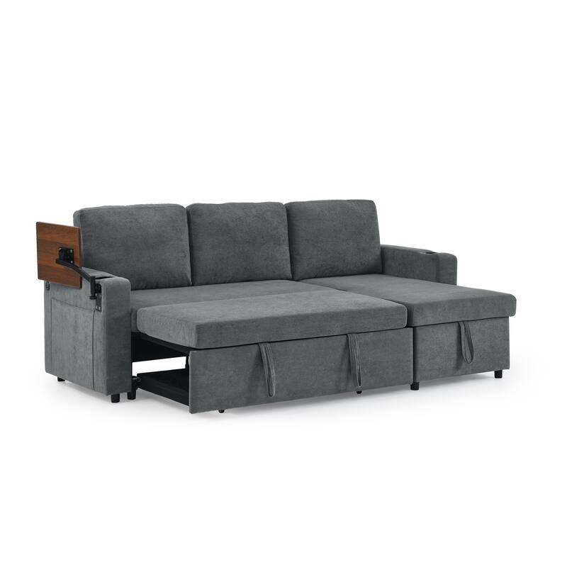 Pull Out Sleeper Sofa Bed Chenille L-shaped Sectional Couch with Storage Chaise, Retractable Table, LED, USB and Cup Holders